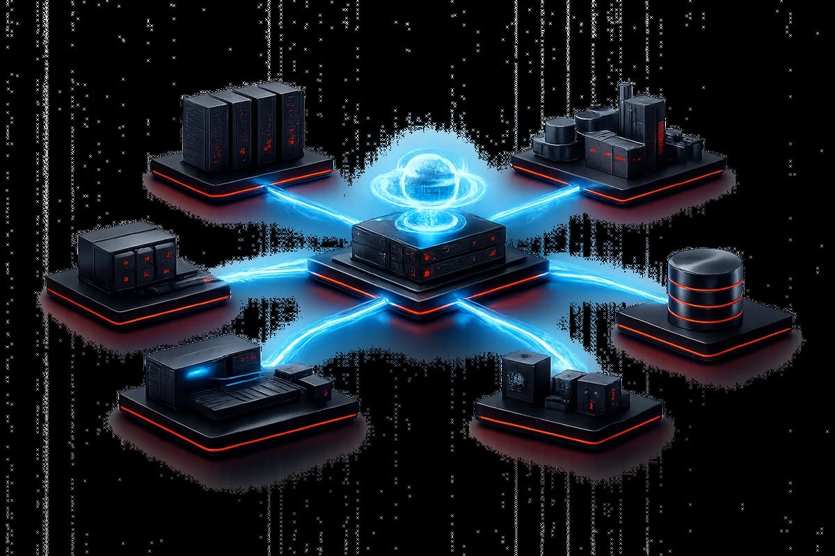 Network infrastructure diagram showing interconnected server components and databases with glowing red connection lines on dark platforms