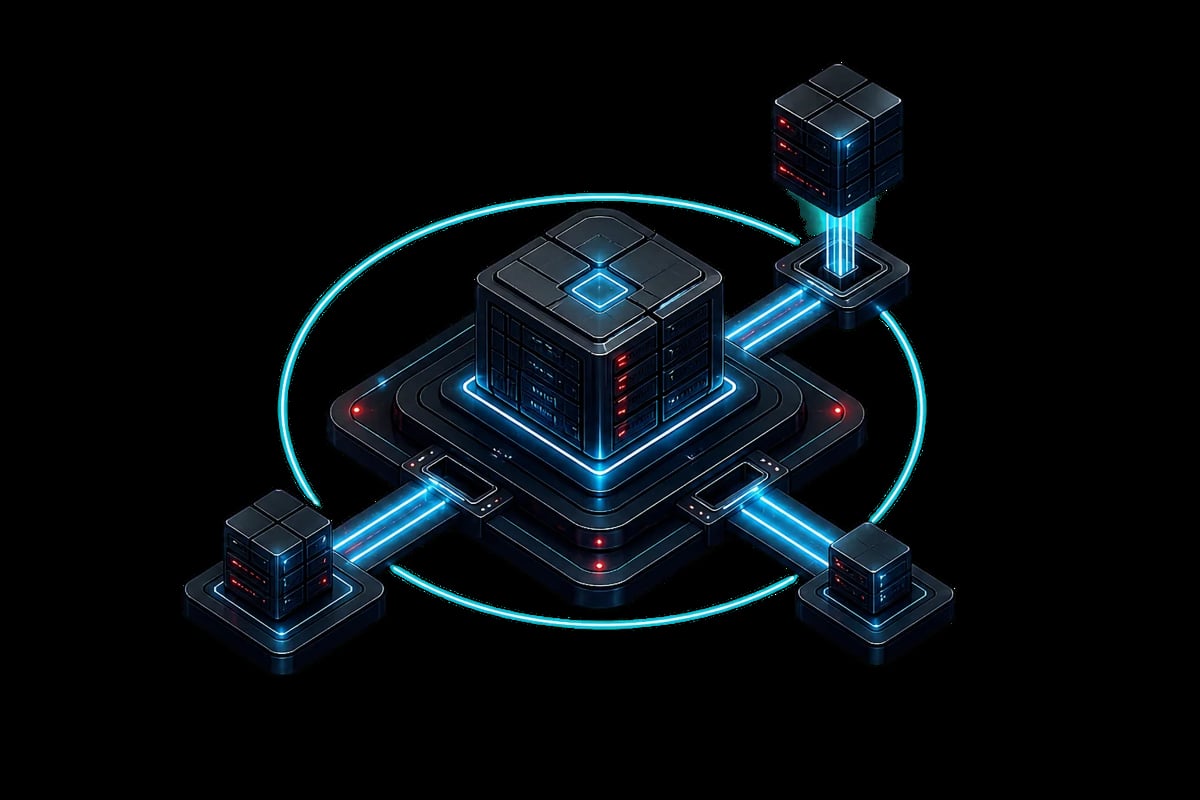 Futuristic digital network diagram with glowing cyan connections linking interconnected server modules on dark background