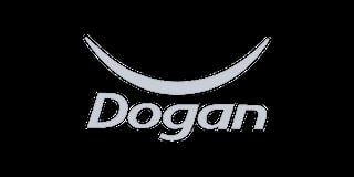 Dogan logo with curved smile design and gray text on black background