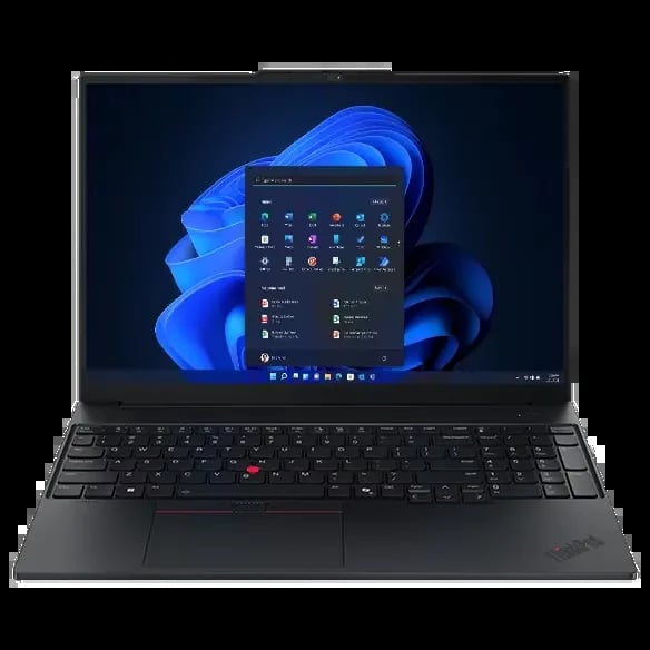 Lenovo ThinkPad laptop with dark screen displaying Windows 11 start menu and blue abstract background wallpaper