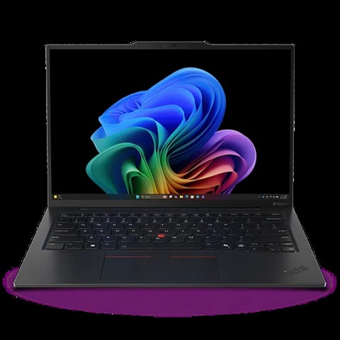 Black laptop with colorful abstract digital art display showing swirling blue, green, and orange gradient design on screen