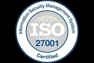ISO 27001 Information Security Management System Certified badge with blue circular border and globe icon
