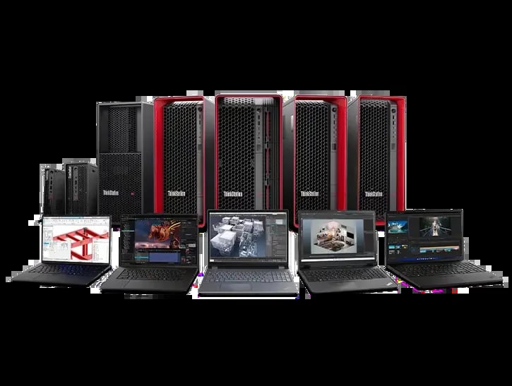 Collection of professional workstations and laptops with red desktop towers and multiple display devices on black background