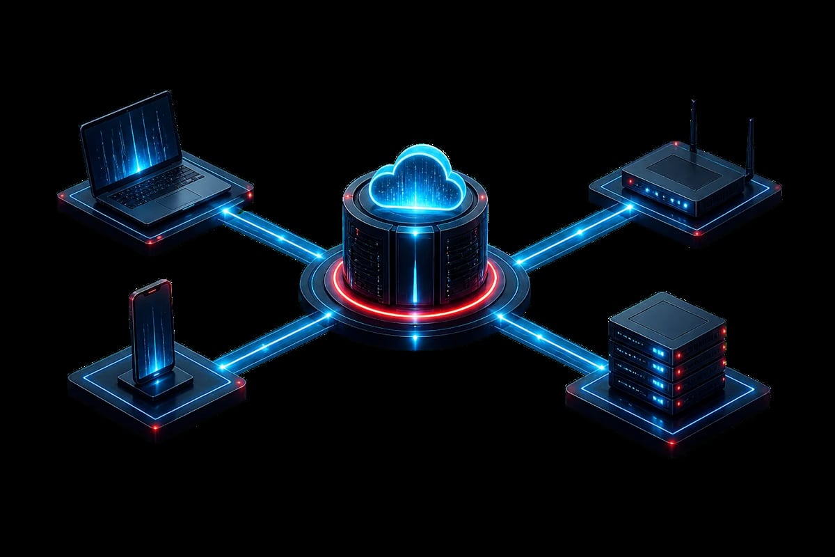 Isometric illustration of cloud computing network with central server connected to multiple devices including laptop, desktop, and data storage systems via glowing blue and red lines