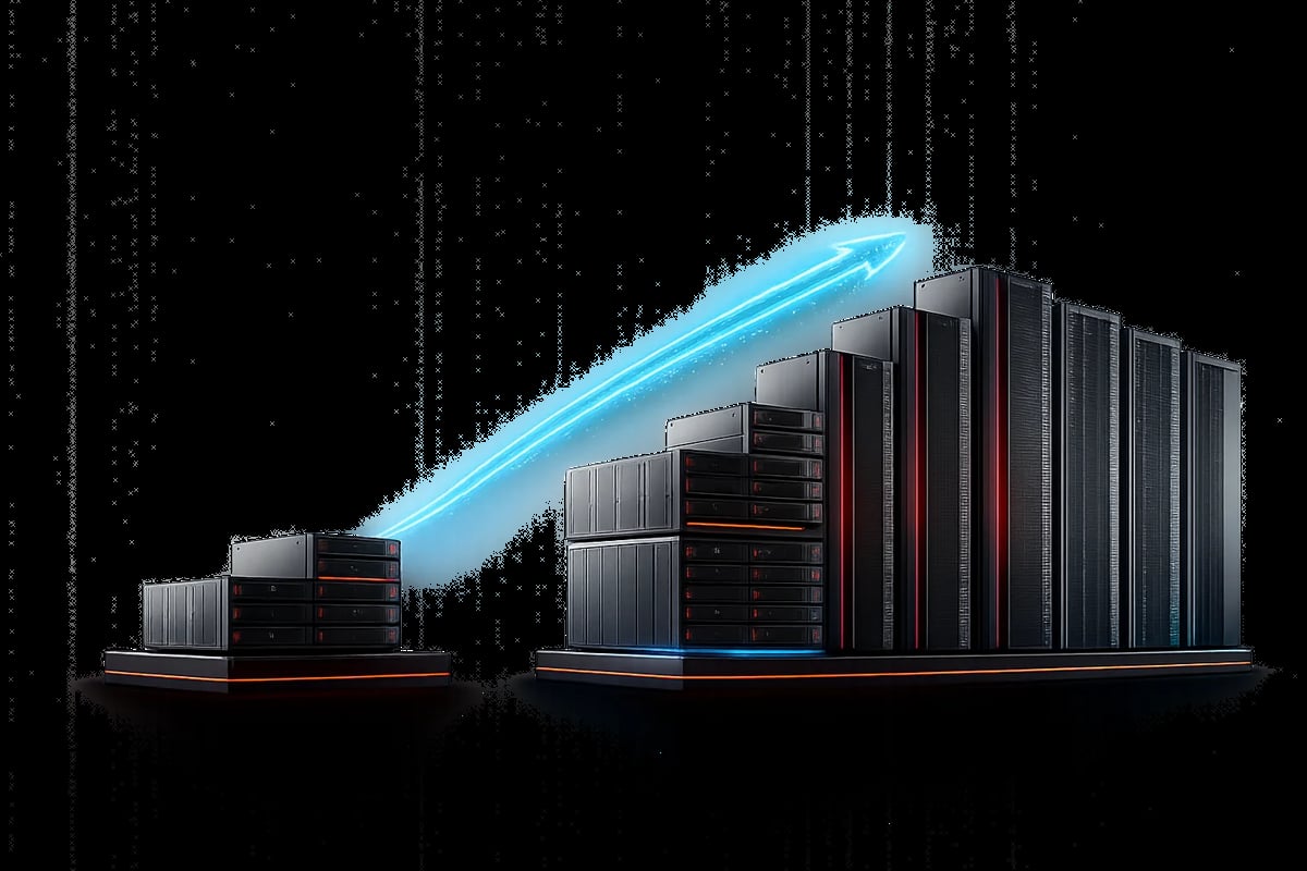 Array of black server towers with red accents arranged on a dark reflective surface against a black background