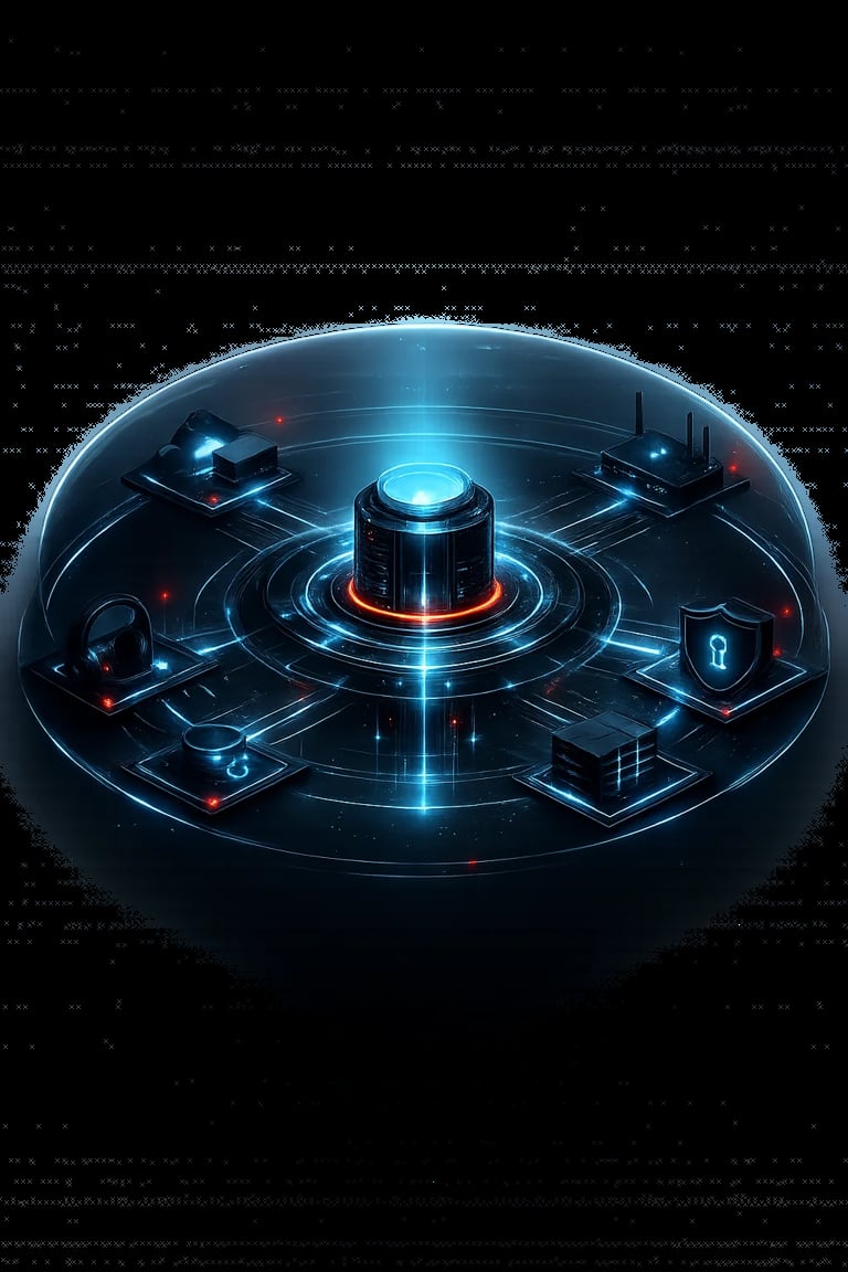 Futuristic digital interface with glowing blue circular platform, central cylinder, and surrounding hexagonal nodes with red and blue lighting effects on dark background