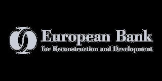 European Bank for Reconstruction and Development logo with stylized circular design and white text on black background
