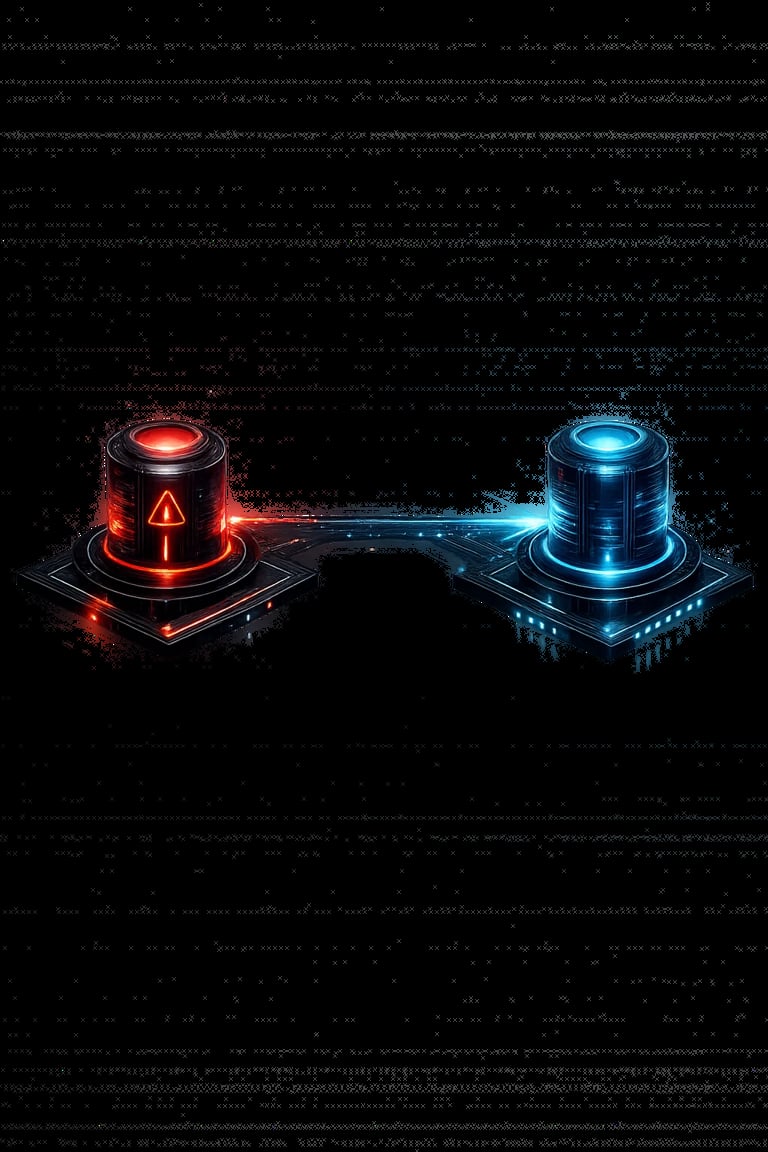 Two futuristic glowing buttons connected by digital data stream against dark code background. Red warning button on left, blue database cylinder on right.