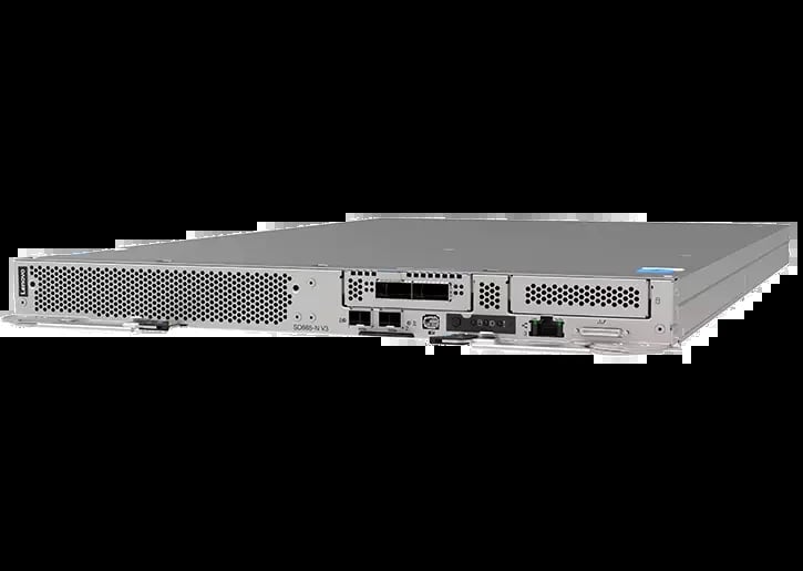 1U rackmount server with gray chassis, front panel ports, and ventilation grilles against black background