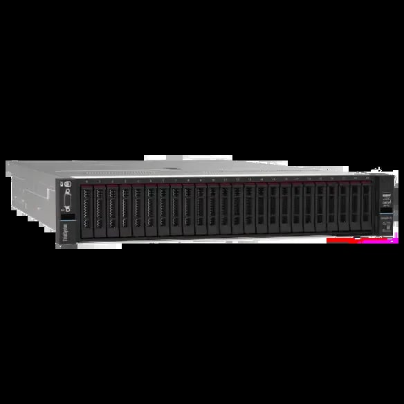 Rack-mounted server hardware with multiple drive bays and front panel controls on black background