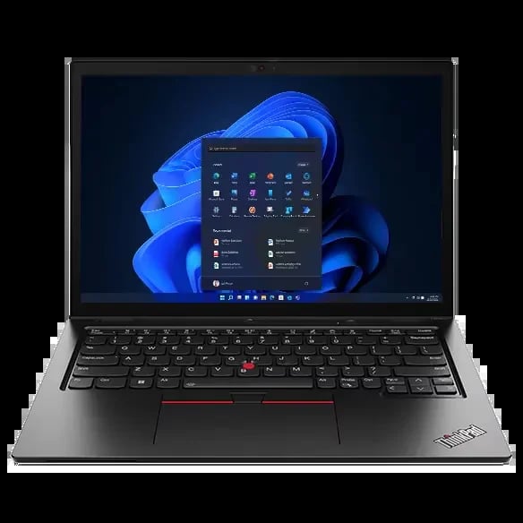 Lenovo ThinkPad laptop with black keyboard and Windows 11 Start menu displayed on screen against blue abstract background