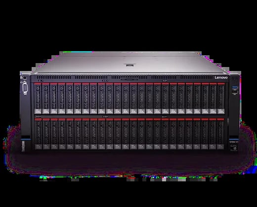 Lenovo enterprise server with multiple drive bays and red accent lighting, front-facing view of rack-mounted hardware