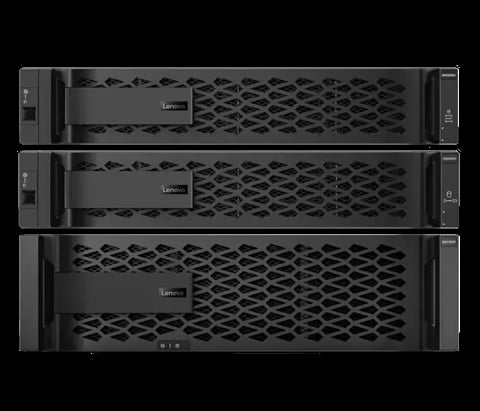Three stacked Lenovo server units with black mesh venting and front panels on a dark background