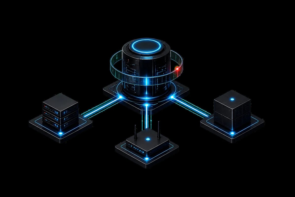 Futuristic network server with blue glowing central hub connected to four dark terminal nodes on black background