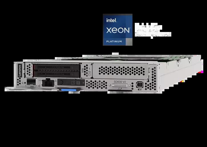 Intel Xeon Platinum server with perforated metal chassis and blue accent ports on black background