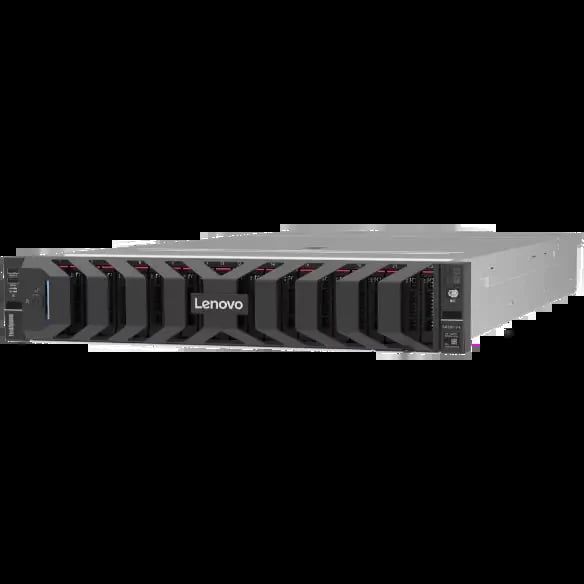 Lenovo rack-mounted server with multiple drive bays, shown at an angle against a white background