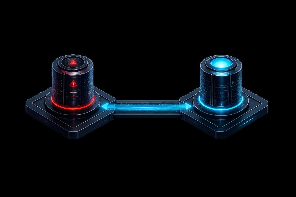 Two futuristic cylindrical devices with glowing neon accents connected by a cyan energy beam on a dark background.