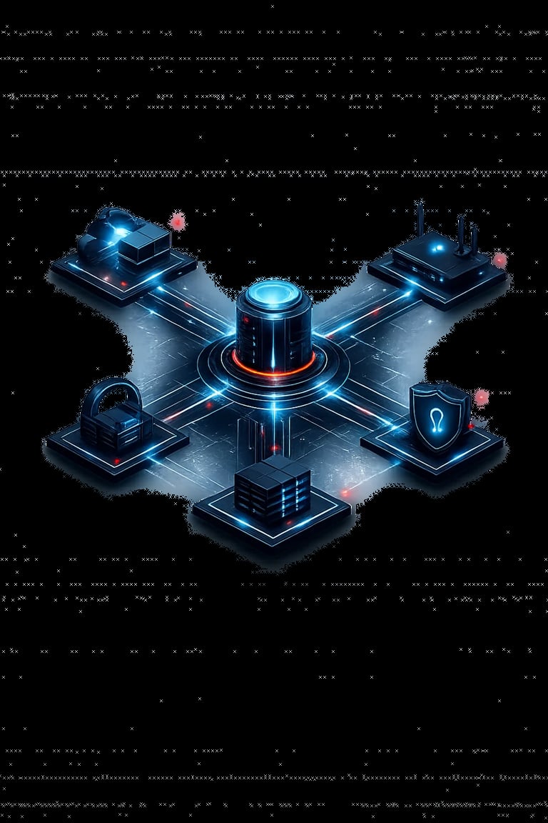 Isometric 3D illustration of a central glowing server or processor surrounded by connected tech infrastructure elements on a dark digital grid background