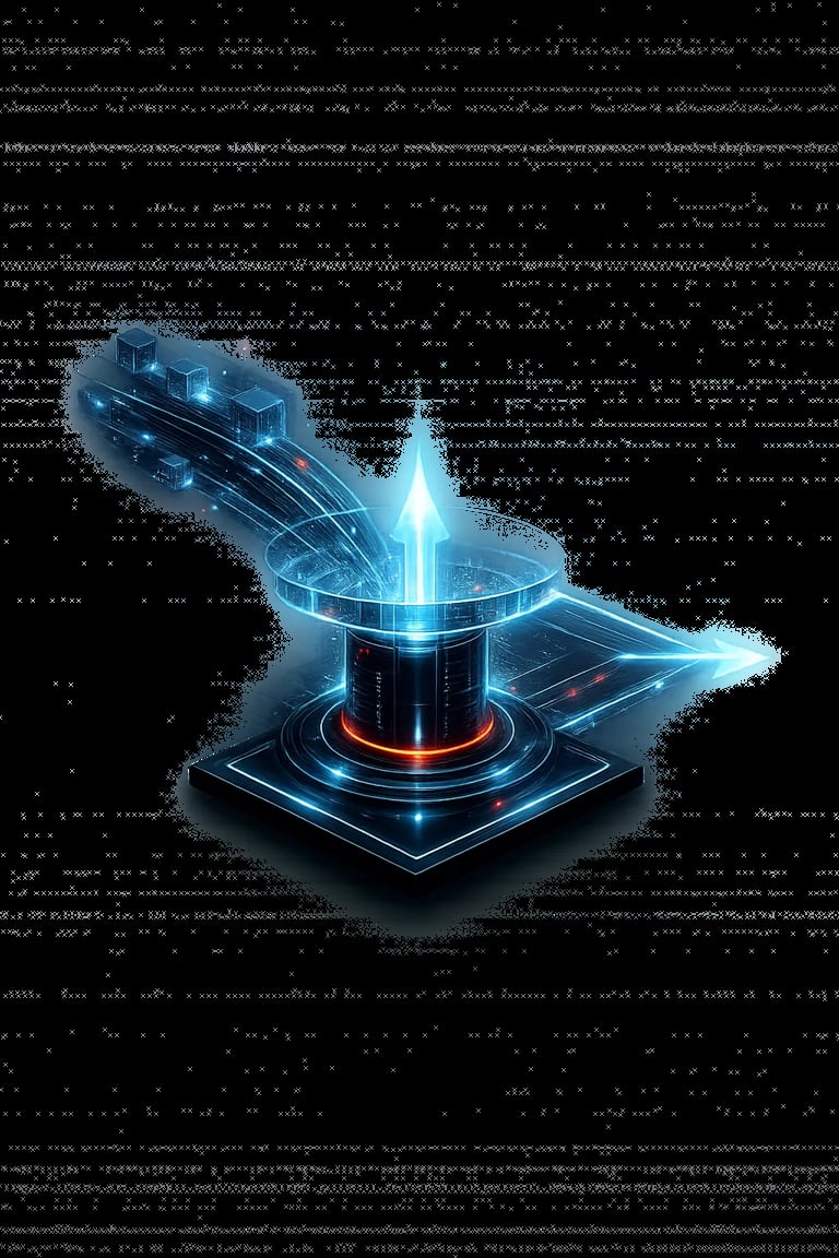 3D holographic digital tower with glowing blue light and data visualization, set against a dark code background