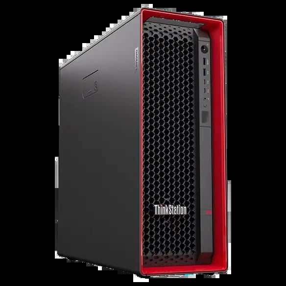 ThinkStation tower computer with black chassis and red side panel, featuring hexagonal ventilation mesh and I/O ports