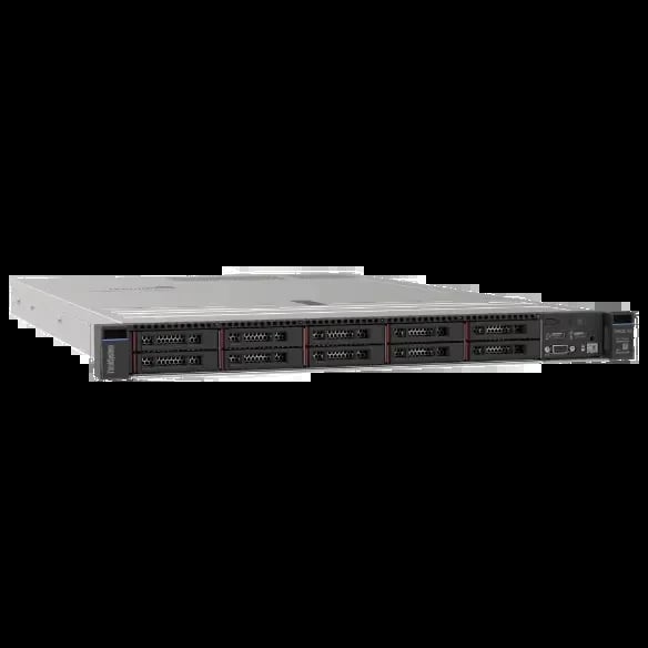 Rack-mounted server with multiple drive bays and control panel, viewed from the front at an angle
