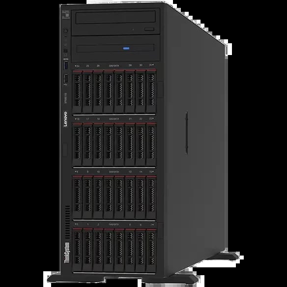 Tall black tower server with multiple hard drive bays stacked vertically and front panel indicators
