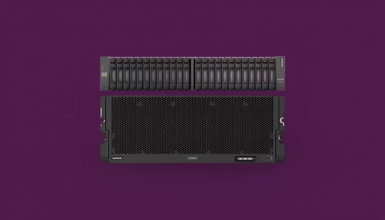Two stacked server rack units with vertical ribbed panels on a purple background