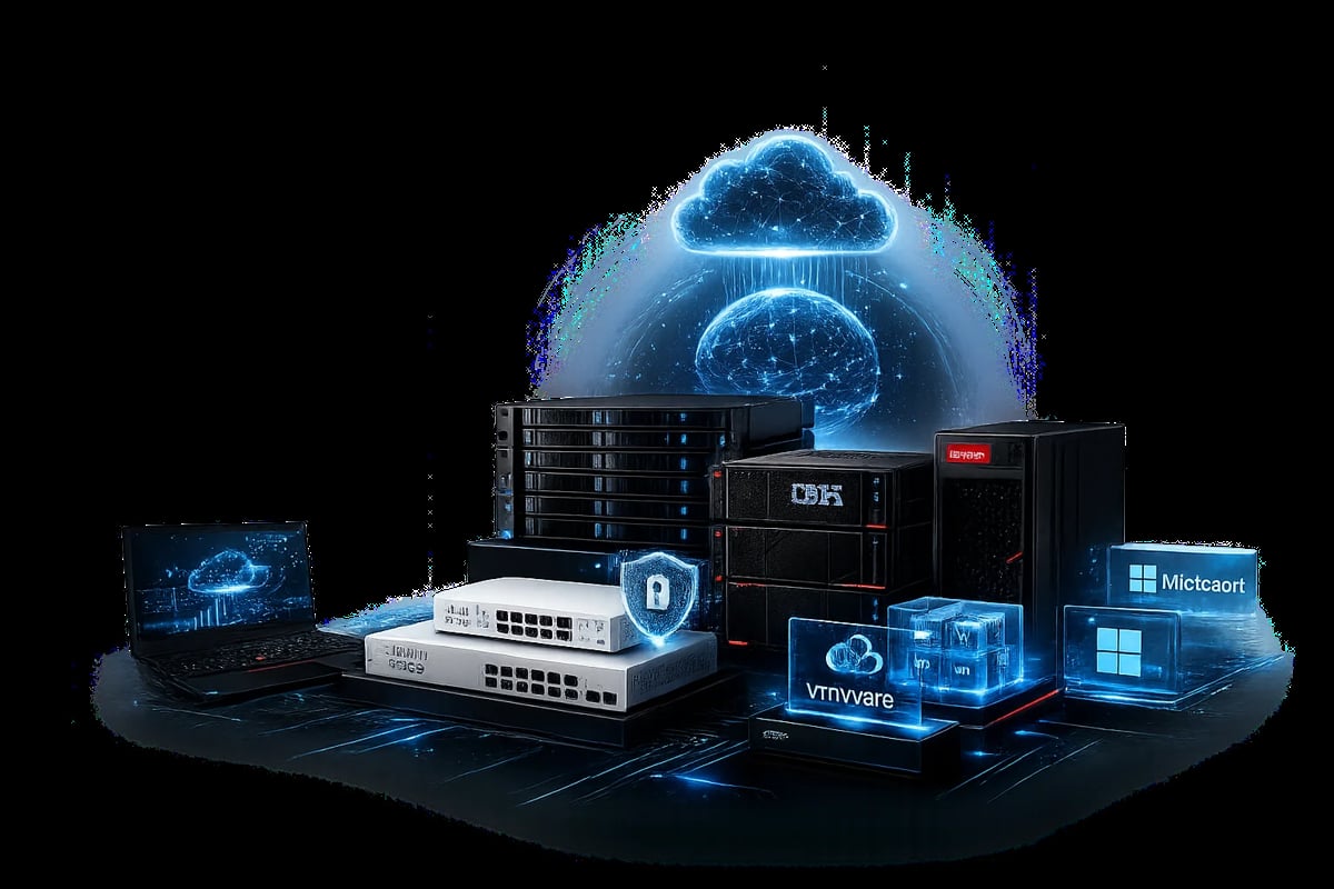 Digital cloud infrastructure visualization featuring server equipment, network devices, and security shield icon with glowing blue holographic globe