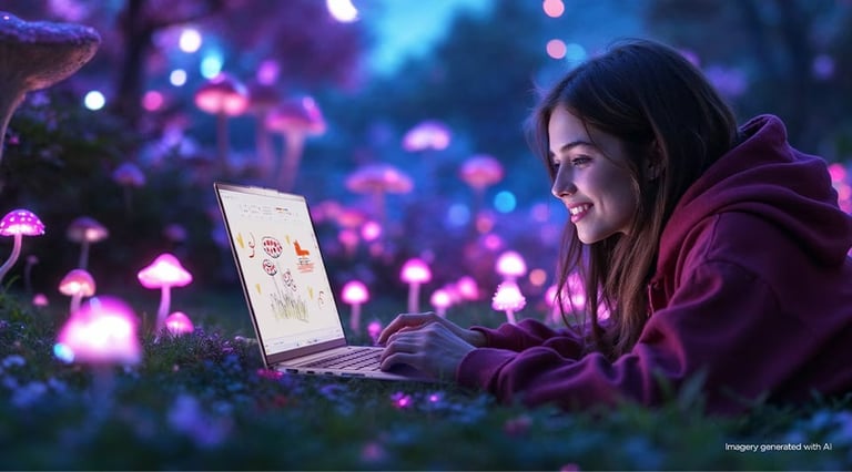 Woman in purple hoodie working on laptop surrounded by glowing bioluminescent mushrooms in magical forest setting